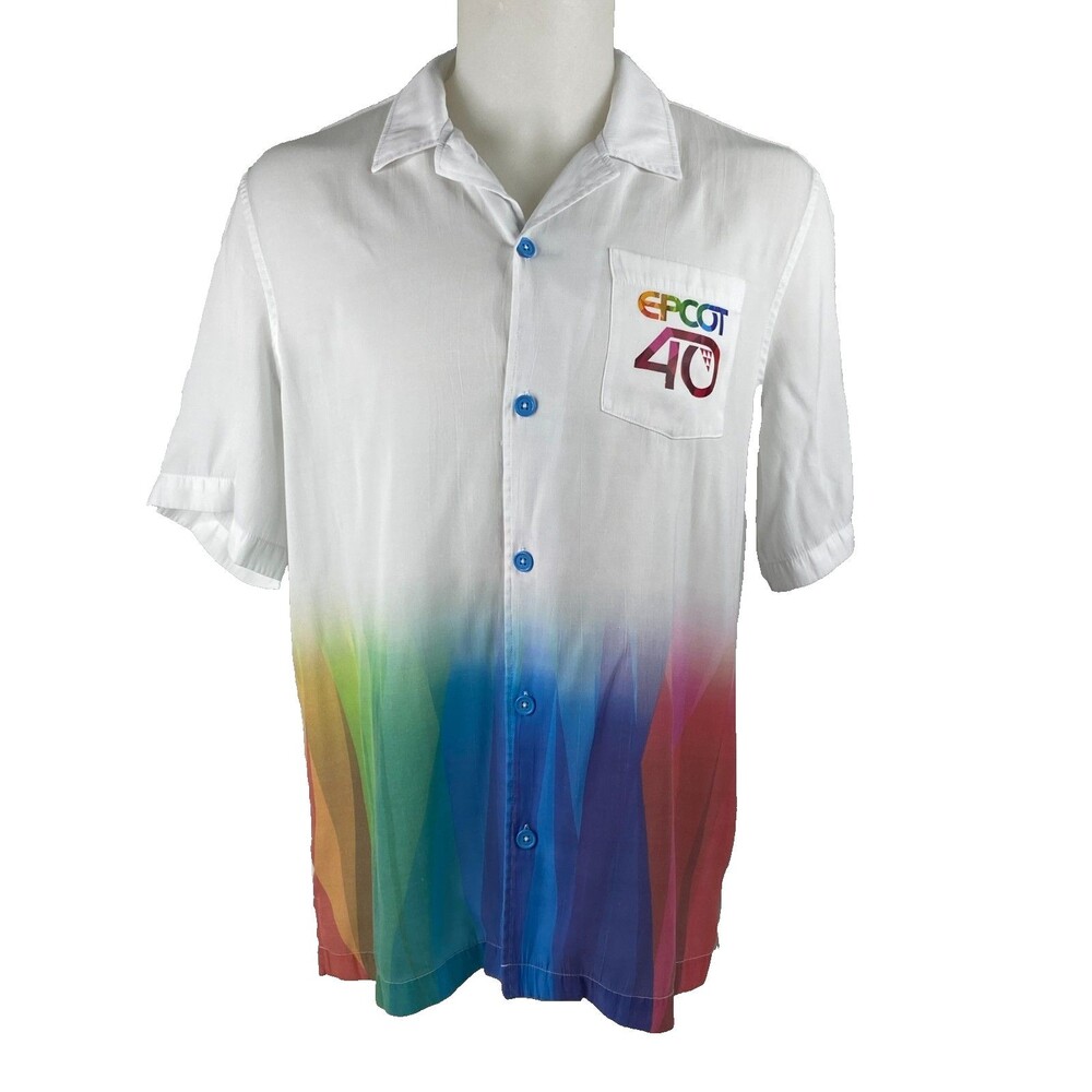 Disney Parks Men Large Shirt Epcot 40 Years White Rainbow Button Front Casual